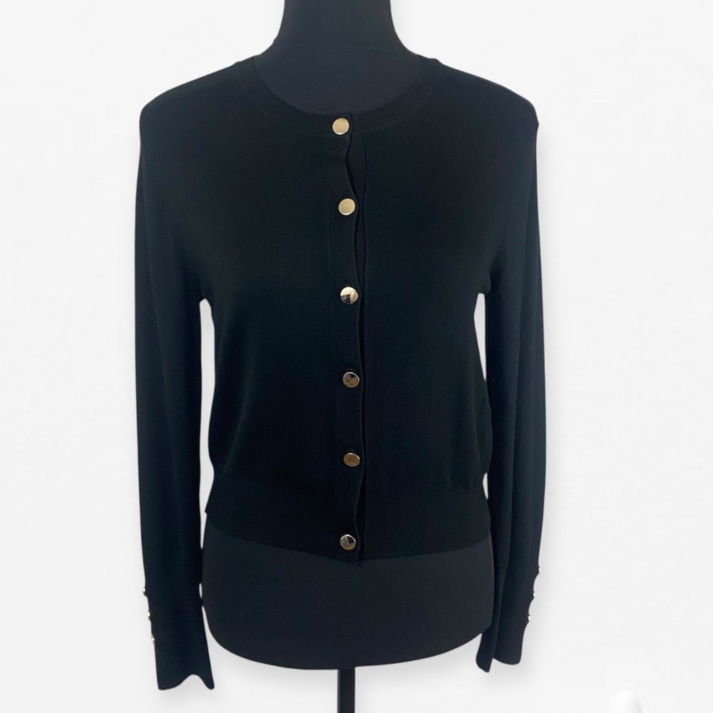 Zara Black Knit with Metallic Gold Accent Buttons Cardigan Top M